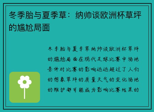 冬季胎与夏季草：纳帅谈欧洲杯草坪的尴尬局面