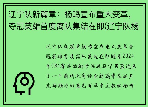 辽宁队新篇章：杨鸣宣布重大变革，夺冠英雄首度离队集结在即(辽宁队杨鸣进过国家队吗)