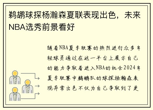 鹈鹕球探杨瀚森夏联表现出色，未来NBA选秀前景看好