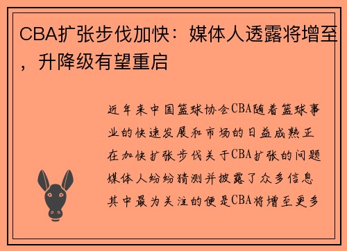 CBA扩张步伐加快：媒体人透露将增至，升降级有望重启