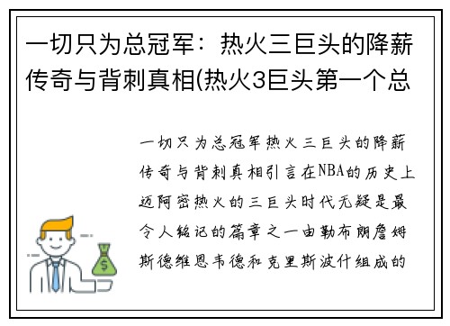 一切只为总冠军：热火三巨头的降薪传奇与背刺真相(热火3巨头第一个总冠军)