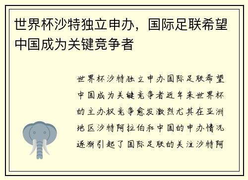 世界杯沙特独立申办，国际足联希望中国成为关键竞争者