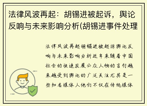 法律风波再起：胡锡进被起诉，舆论反响与未来影响分析(胡锡进事件处理结果)