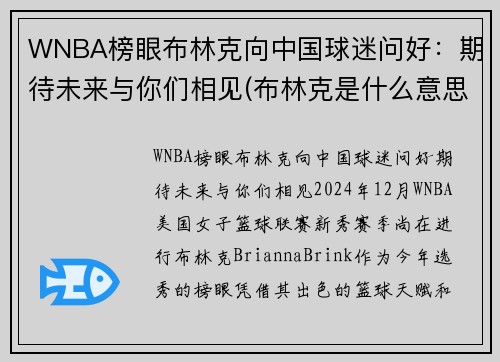 WNBA榜眼布林克向中国球迷问好：期待未来与你们相见(布林克是什么意思)