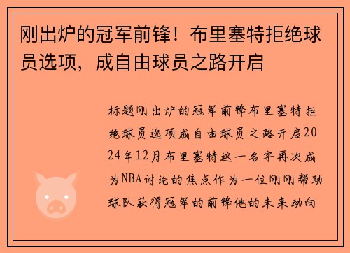 刚出炉的冠军前锋！布里塞特拒绝球员选项，成自由球员之路开启
